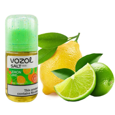 Vozol Salt Lemon Lime vape juice bottle with lemons and limes on a white background