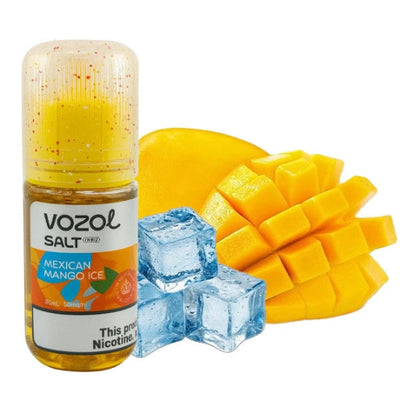 Vozol Salt Mexican Mango Ice vape juice bottle with mango pieces and ice cubes on a white background
