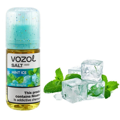 VOZOL Mint Ice vape juice bottle with mint leaves and ice cubes on a white background