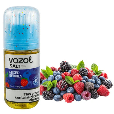 Vozol Salt Mixed Berries vape juice bottle with a pile of mixed berries on a white background