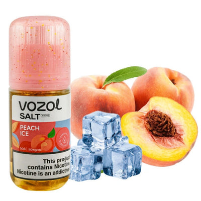 VOZOL Salt Peach Ice vape juice bottle with peaches and ice cubes on a white background
