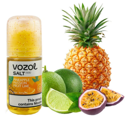 VOZOL Pineapple Passion Fruit Lime vape juice bottle with pineapple, lime, and passion fruit on a white background