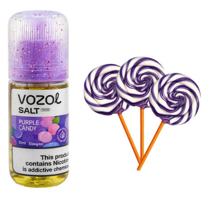Vozol Salt e-liquid bottle with purple cap and label, next to three purple and white swirled lollipops on a white background.