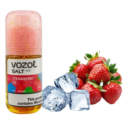 Vozol Strawberry Ice vape juice bottle with strawberries and ice cubes on a white background
