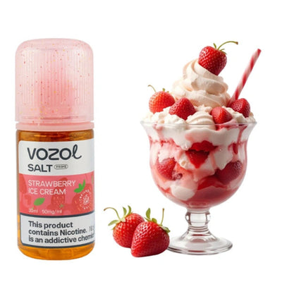 Vozol Strawberry Ice Cream vape juice bottle next to a strawberry ice cream sundae on a white background