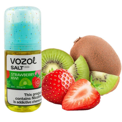 VOZOL Strawberry Kiwi vape juice bottle with strawberries and kiwis on a white background