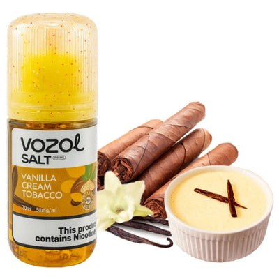 VOZOL Salt Vanilla Cream Tobacco e-liquid bottle with vanilla beans, cinnamon sticks, and a bowl of vanilla cream on a white background.