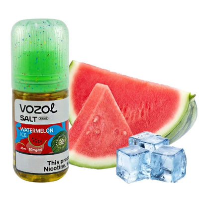 Vozol watermelon ice vape juice bottle with watermelon slices and ice cubes on a white background